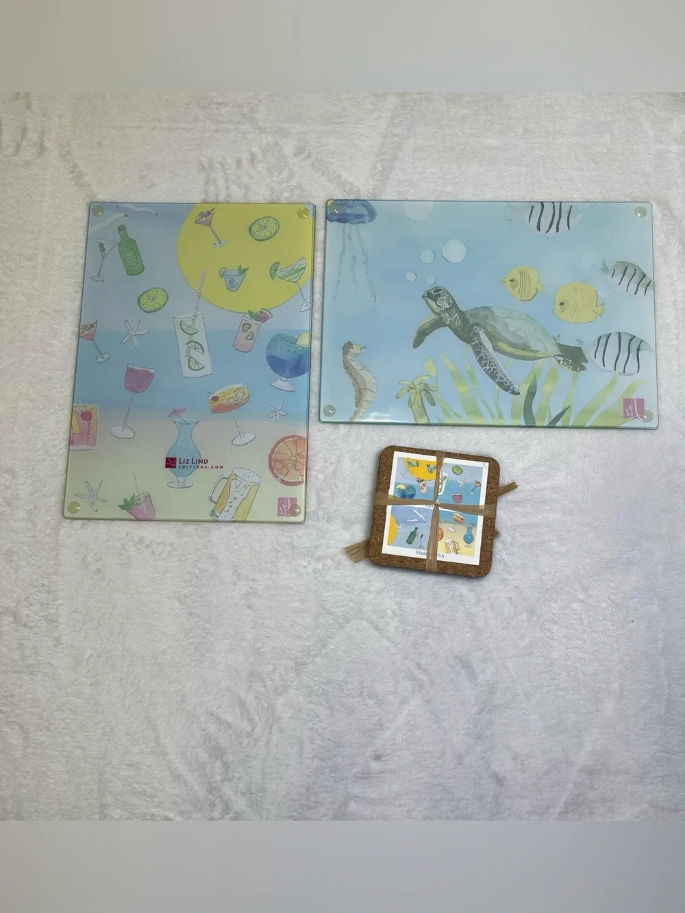 Liz Lind Tempered Glass Cutting Board Set & Matching Coasters Coastal Sea Turtle